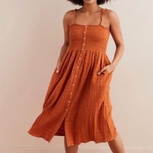 Aerie ✨ Smocked Burnt Orange Button-Up Midi Dress